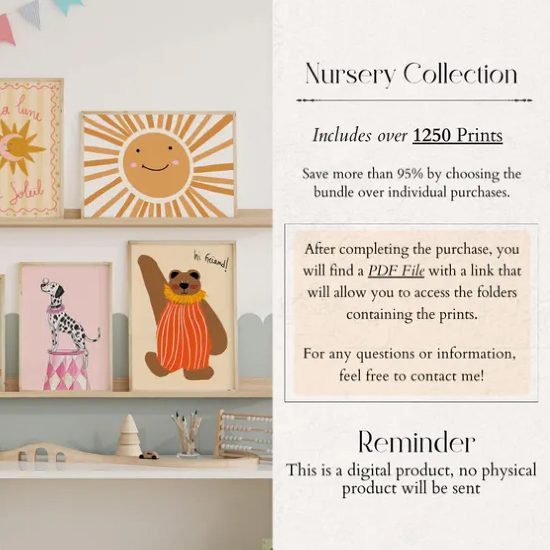 Bundle of +1250 Nursery Prints, Kids Room Wall Art, Baby Room Decor, Playful Animal Prints, Eclectic Nursery Wall Art, Educational Prints