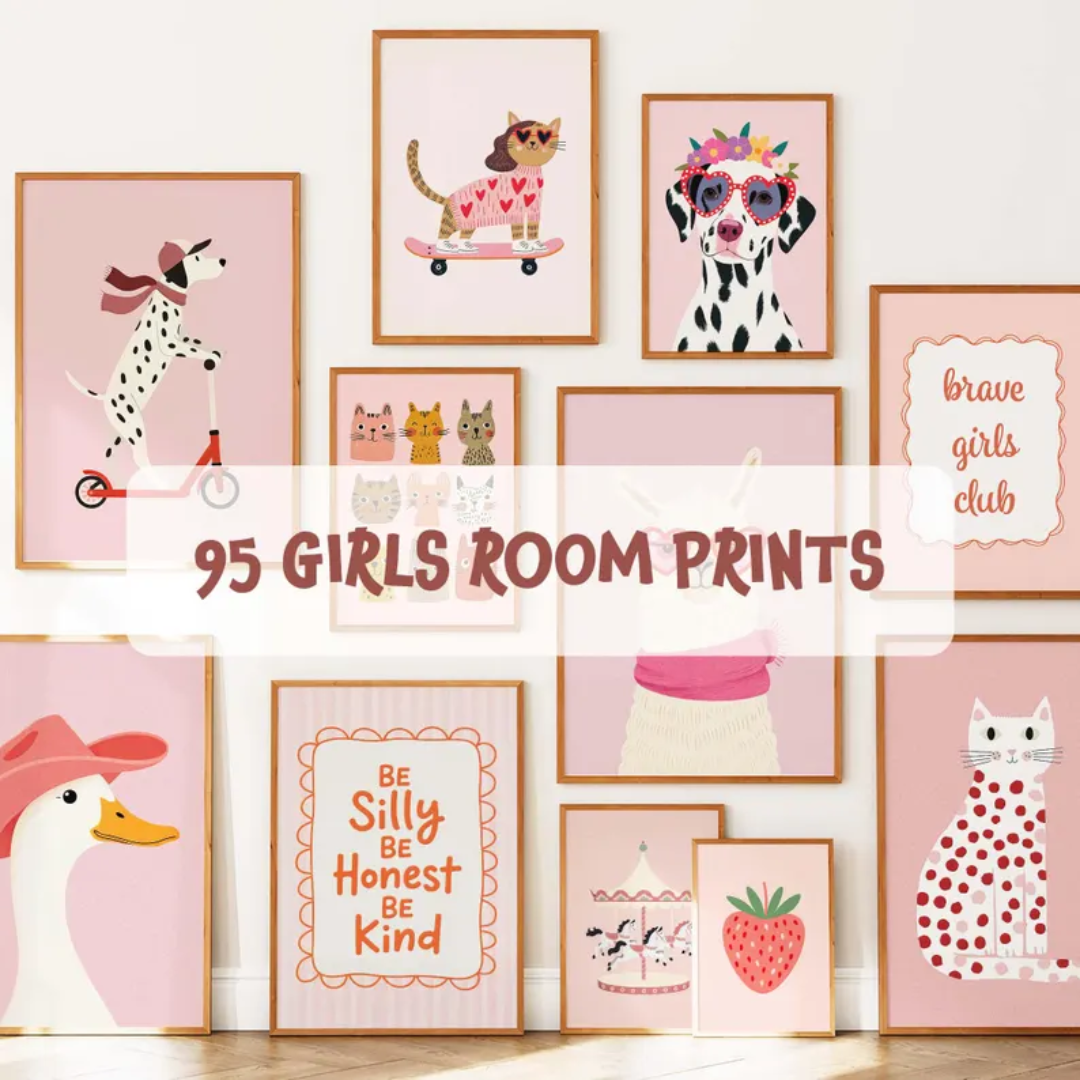 95 Girl Room Prints, Kids Bundle Pink Wall Prints, Toddler Room Art Girls, Nursery Wall Art Digital Download, Playful Animal Prints