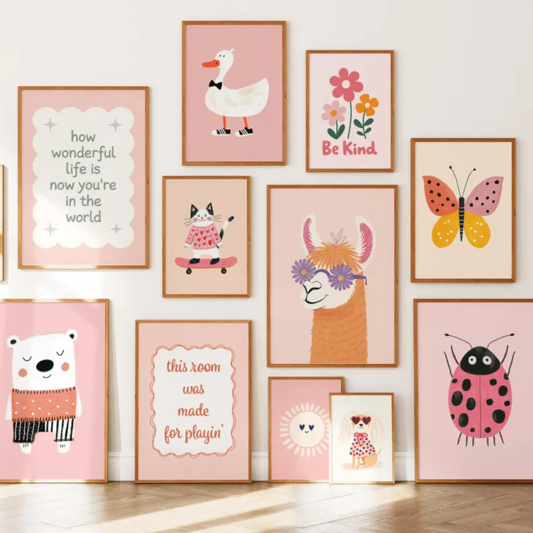 95 Girl Room Prints, Kids Bundle Pink Wall Prints, Toddler Room Art Girls, Nursery Wall Art Digital Download, Playful Animal Prints