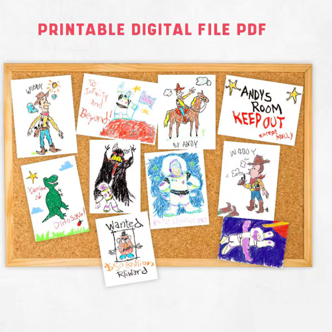 Toy Story Andys Drawings, Printable Digital File, 10 Andy's Room Inspired Drawings