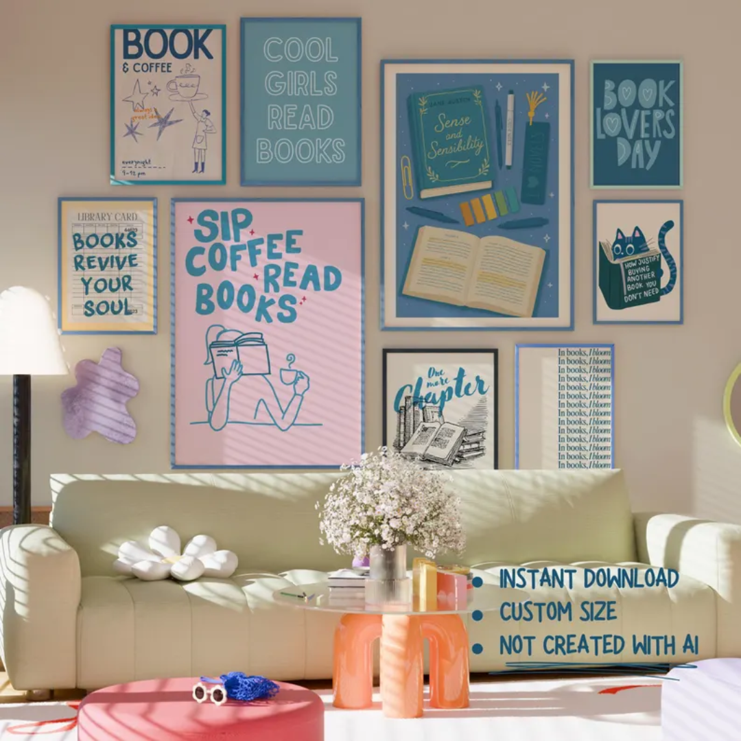 Set of 100 Book Lover Wall Art Prints, Printable Book Quotes, Cozy Reading Nook Decor, Prints, Funny Literary Aesthetic Quotes,Bookish Vibes