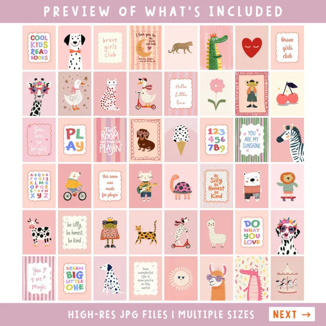 95 Girl Room Prints, Kids Bundle Pink Wall Prints, Toddler Room Art Girls, Nursery Wall Art Digital Download, Playful Animal Prints