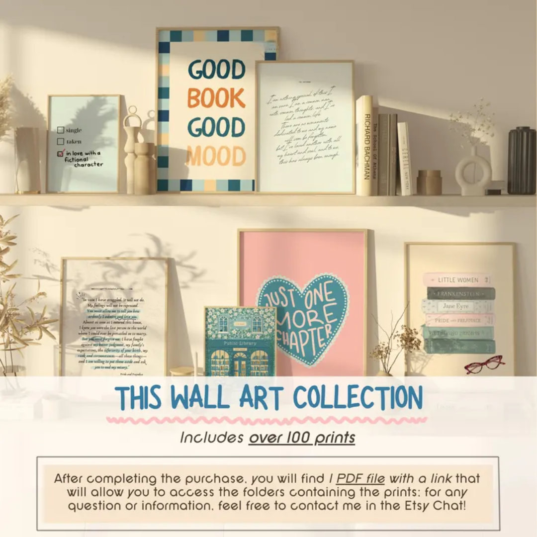 Set of 100 Book Lover Wall Art Prints, Printable Book Quotes, Cozy Reading Nook Decor, Prints, Funny Literary Aesthetic Quotes,Bookish Vibes