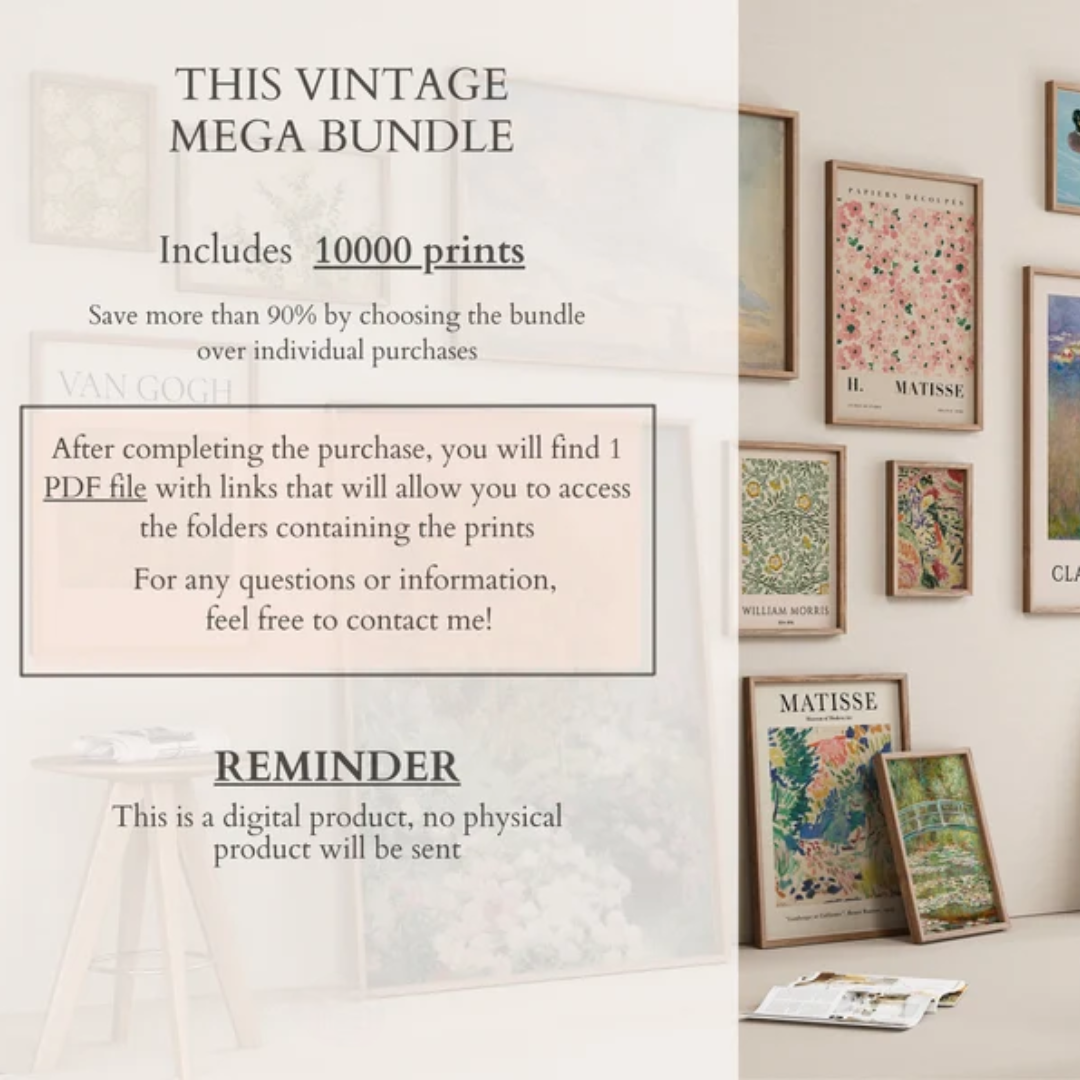Vintage Printable Wall Art Bundle, 10,000 Digital Classic Art Prints, Posters, Classic Home Decor, Vintage art