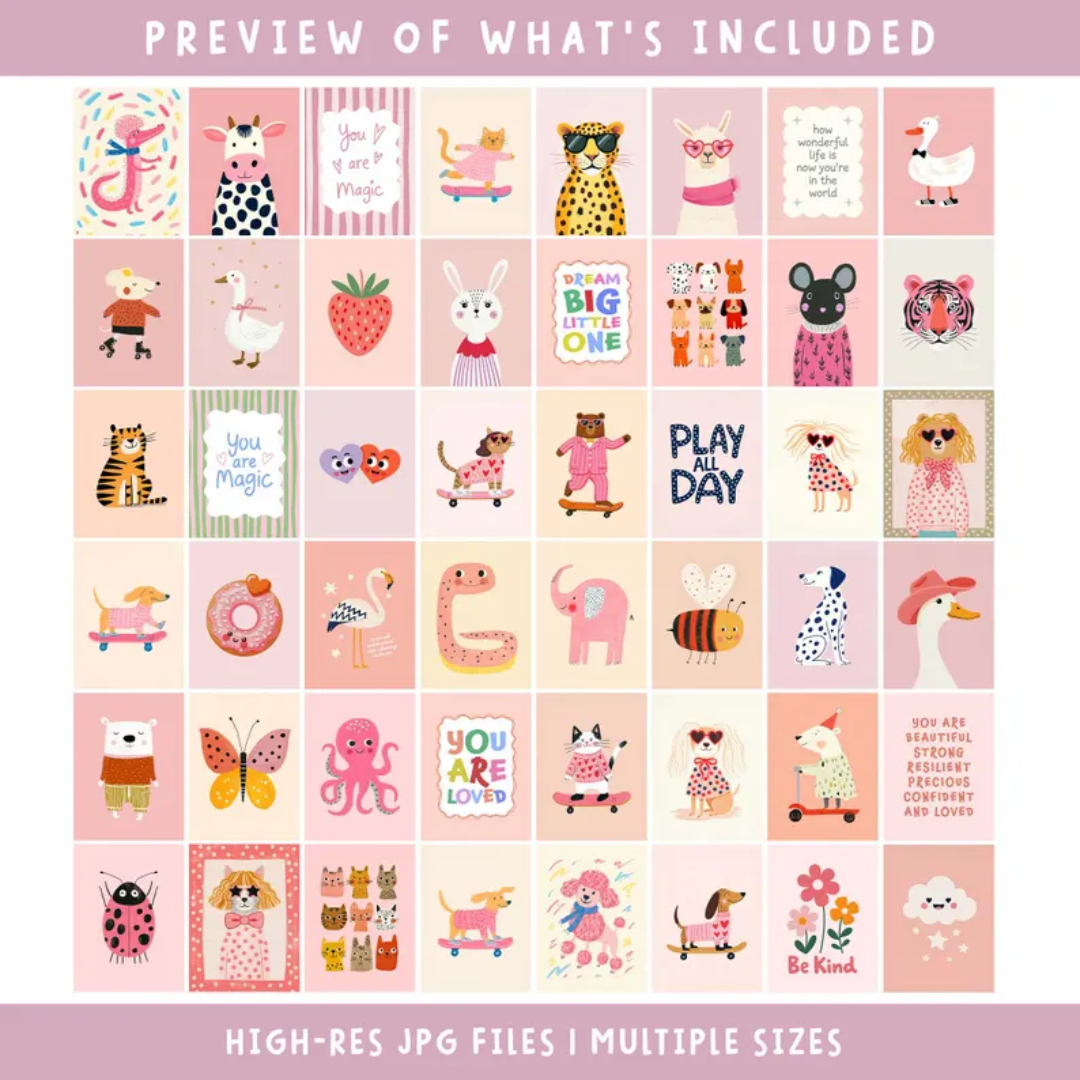 95 Girl Room Prints, Kids Bundle Pink Wall Prints, Toddler Room Art Girls, Nursery Wall Art Digital Download, Playful Animal Prints
